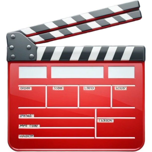 Glossy bright red clapperboard in the classic style of Apple icons: the top bar is tilted up-left, the body and bar with a deep glossy glare, dark gray edging, black background inside, perfectly square with rounded corners. 🔴🎬✨ emoji