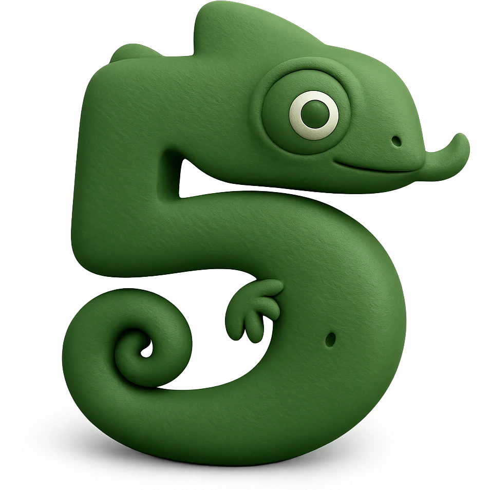 Make the number five chameleon green and more realistic, with natural chameleon textures and details, keep the transparent background. emoji
