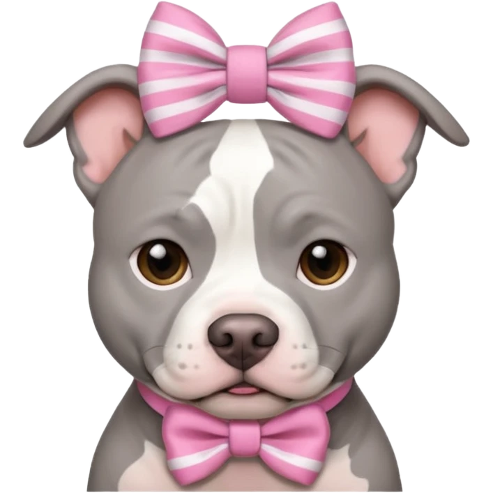 Fully Gray Pitbull with a white stripe on his head and a pink bow emoji