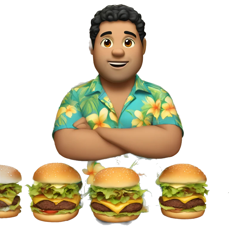 Fat guy wearing hawaiian shirt, black short curly hair, eating burger, belly showing emoji