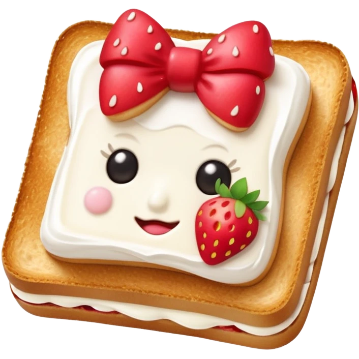 square toast topped with fluffy white cream, decorated with a strawberry bow made from two strawberry center, bright red and glossy emoji