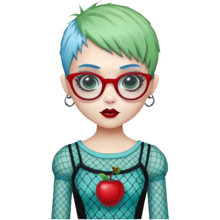Ghoulia yelps monster high doll in scene/emo style cherry print dress with fishnet sleeves, clothes, thin, small, red, rectangle glasses, pale white-blue skin, pale-green pixie-cut, zombie scars , boy emoji