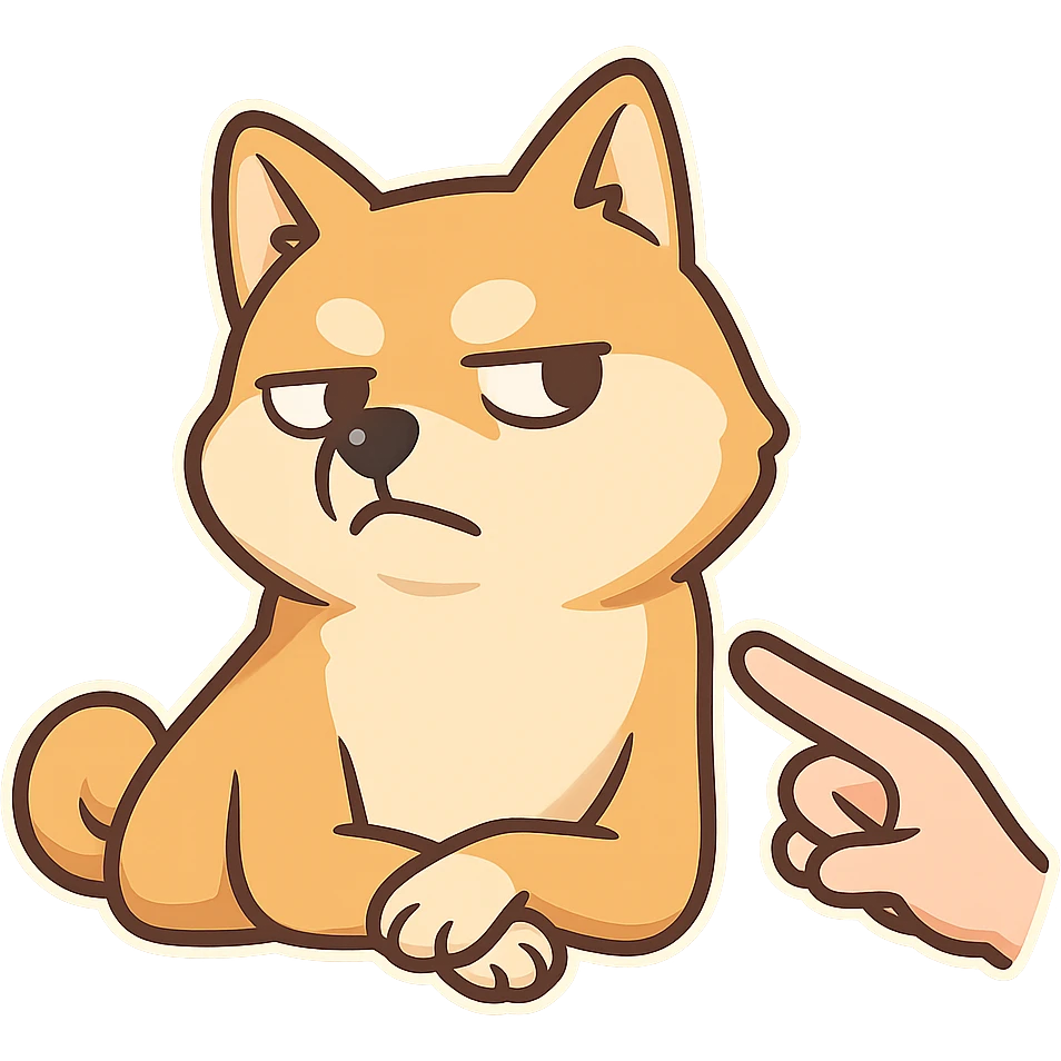 One hand pointed at the Shiba Inu, and the Shiba Inu lay down with his hands folded, turned his head away, but his expression was full of pride and disdain. emoji