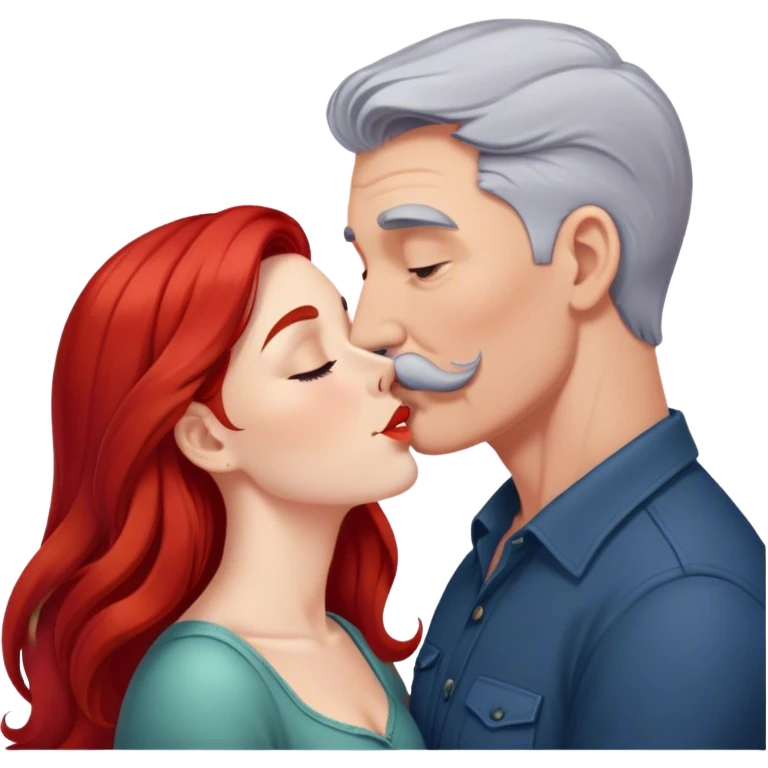 Long red hair woman kissing man with short gray hair and mustache emoji