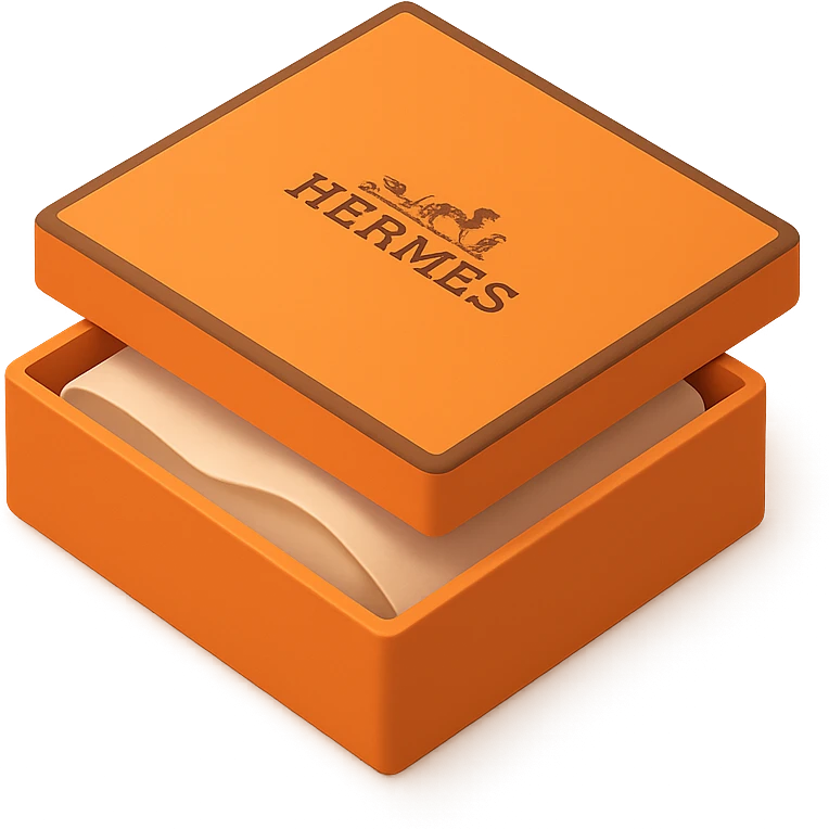 3D style orange Hermès box, slightly open with tissue paper inside, Hermès logo on the center, same square shape and proportions as reference, minimal, on white or transparent background, alternate angle emoji