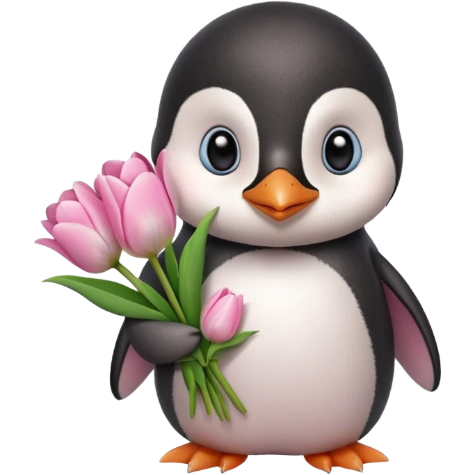 Cute baby penguin holding flower bouquet wraped in white paper and all flowers tulips in pink colour emoji