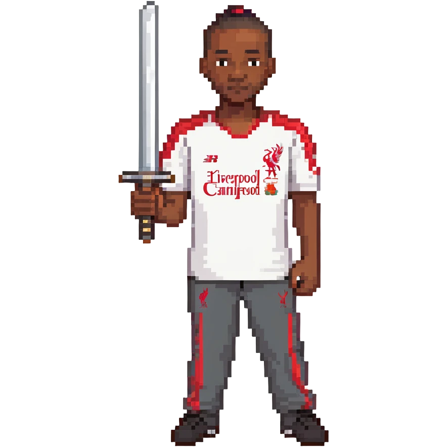 A black man holding a sword, wearing a Liverpool FC shirt and trousers emoji