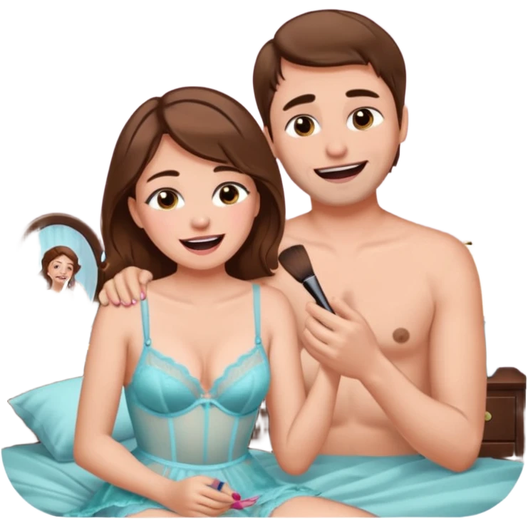 brown hair male getting sissified in lingerie dress by his wife. the wife is crying with laughter. she is doing makeup emoji