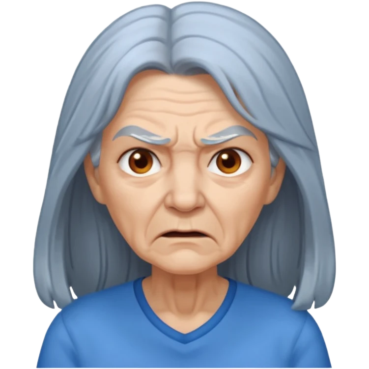 a portrait of angry elderly woman, long hair, wearing shirt emoji