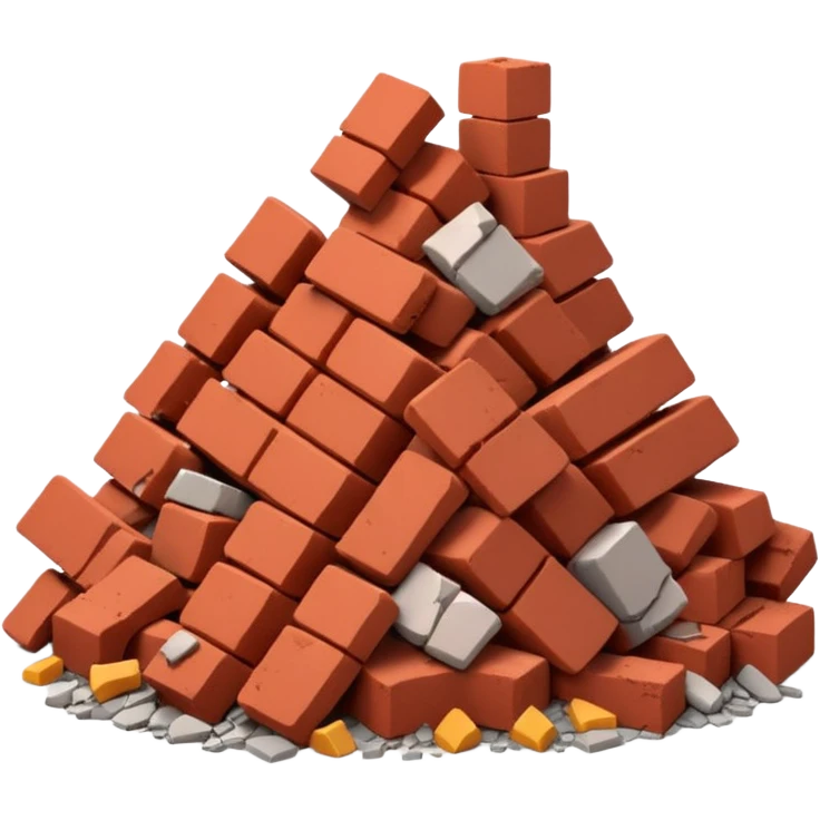3D iPhone style emoji of a pile of bricks, roof pieces, and wall rubble, scattered and broken, isolated on white background, soft shadows, high detail, playful and cute emoji