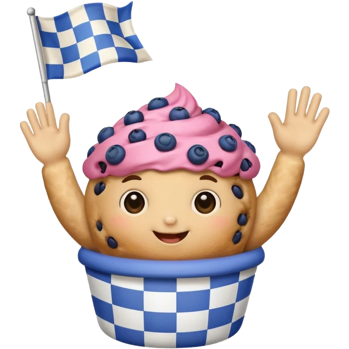 blueberry muffin with arms waving a checkered race flag emoji