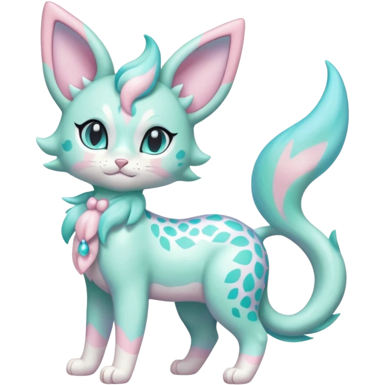 Pastel Mint-Aqua Soft-Iridescent Gentle Floral-Patterned Feline Sylveon-Liepard-hybrid-creature (full body) emoji