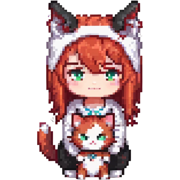 A chibi version of a character with red hair, horns, and a black and white cat, in a pixel art style. emoji