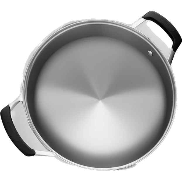 “Royal Prestige” Stainless steel pan with black handlers, food inside, without cover emoji