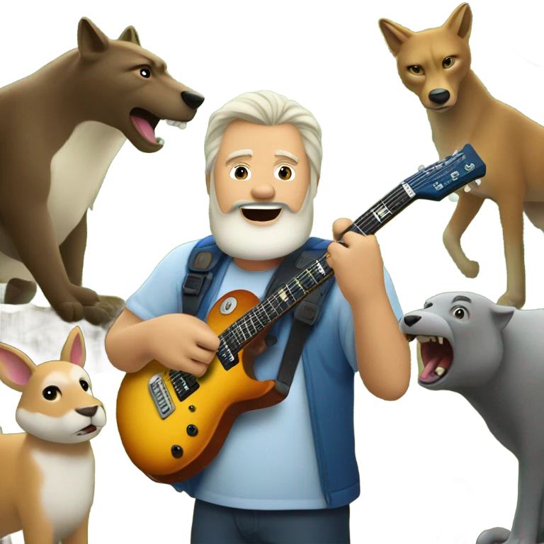 50 year old tan white man with a goatee playing electric guitar in a forest with animals watching emoji
