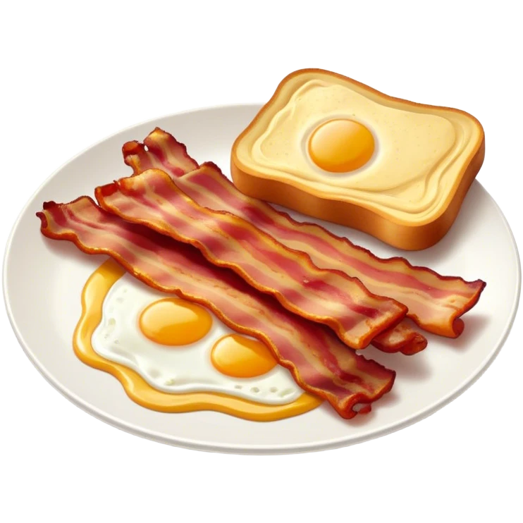Cinematic crispy sizzling bacon, slightly curled, golden-brown with a perfect crunch, glistening with rich flavor, deep warm tones, served on a breakfast plate, comforting and indulgent. emoji