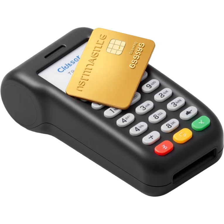 shiny credit card being swiped on a payment terminal, skeuomorphism style emoji