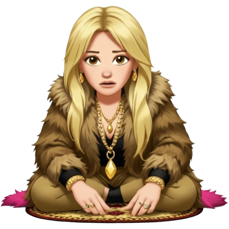 Cinematic Realistic Ultra HD -  Angry, High Nose - Glamour, Plunging Neck Hilary Duff Extreme Long Long Hairstyle in Shaggy Fur Coat with Gold Flash - Crouching on Kashmir Carpet emoji