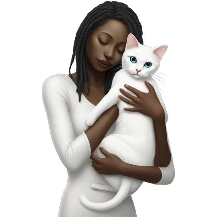 Photo realistic, alien female, kissing and embracing white cat, emoji