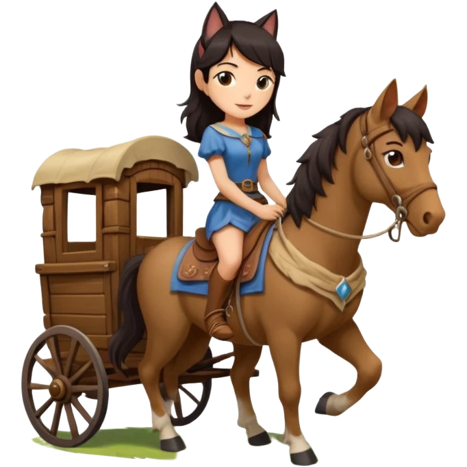  Rustic wood detailed 1854 driving and pretty dark-haired Catgirl riding a huge horse drawn Caravan alone together on a romantic trail in the woods  emoji