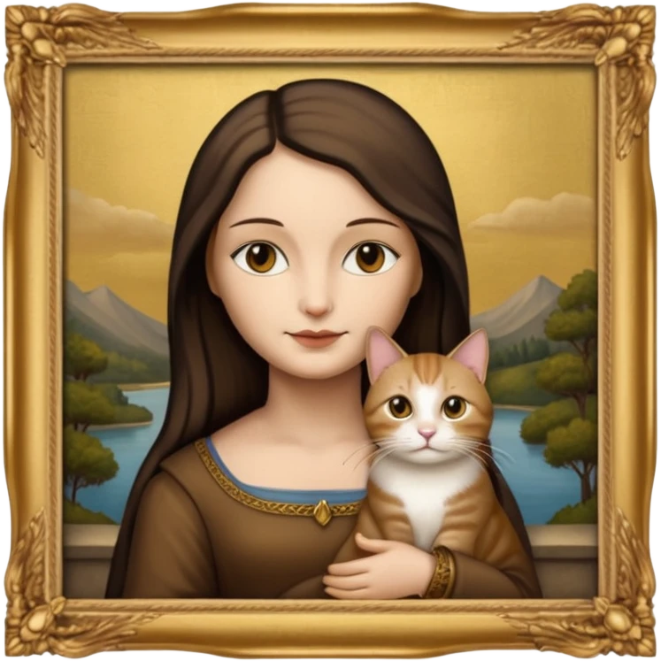 gold frame, painting, Mona Lisa in brown clothes, with cat emoji