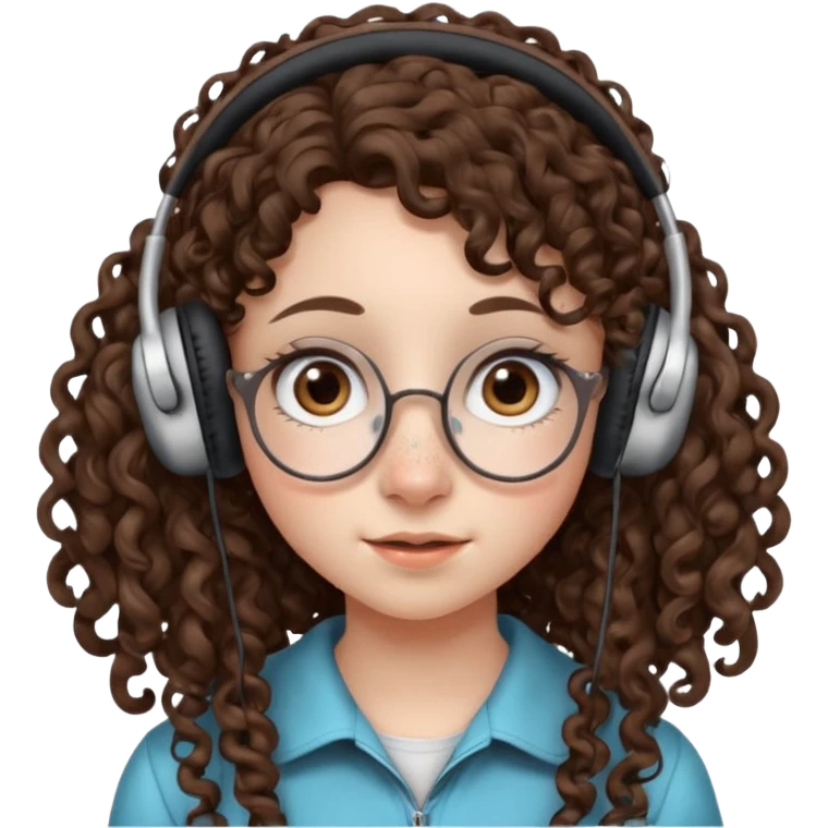 brunette kid with unique face features and very curly long hair kid girl neutral and very big nose and ears and dark eyes with freckles kind of nerd looking and headphone wearing emoji