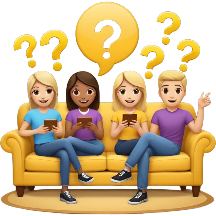 group of friends on couch playing a trivia game couch should be deep dark yellow color.  include a small wooden table in front of the couch as well.  Add 1 smiling face emoji and 2 question marks above their heads emoji