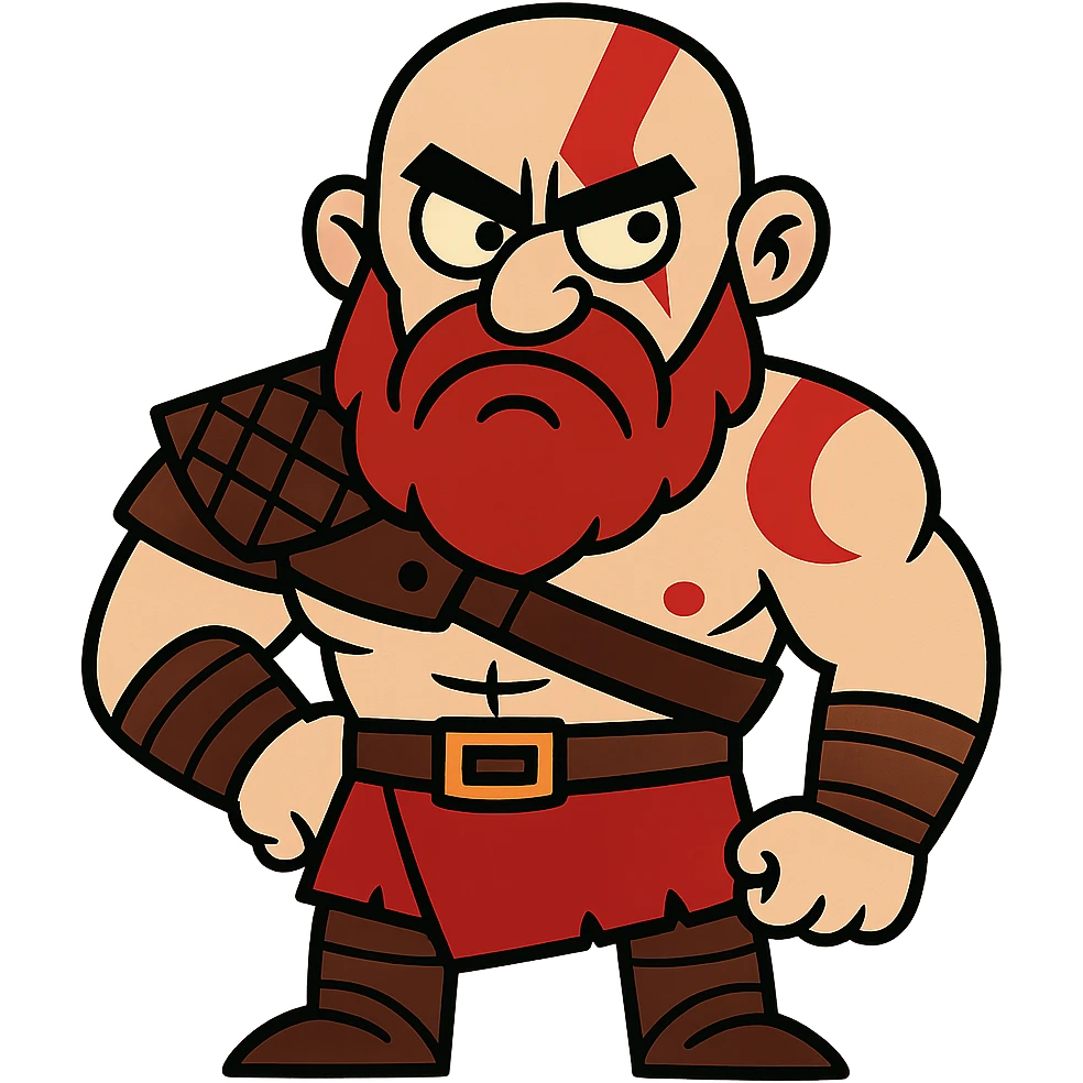 Funny cartoon version of Kratos with exaggerated features, looking grumpy emoji