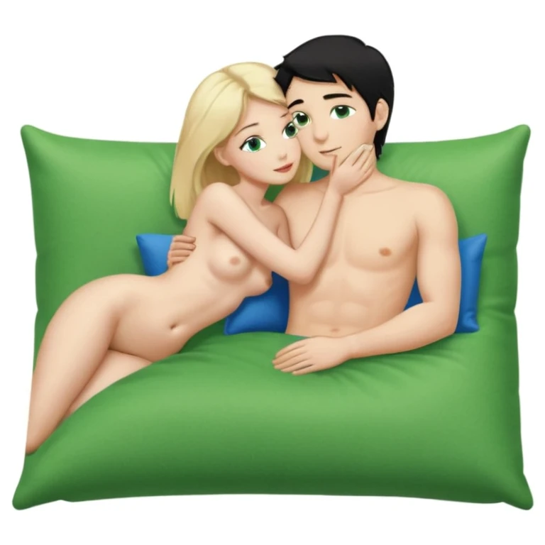 Blonde Queen  Green eyes, naked, kissing man, naked, black hair, blue eyes, whole Body, Background Green pillow emoji