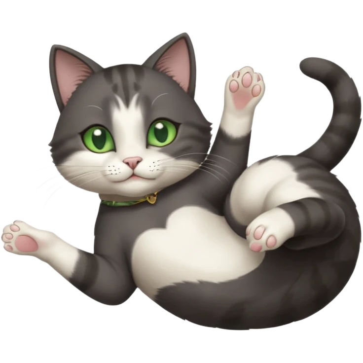 beautiful female solid dark grey cat with green eyes, white toes/paws and white patch on her chest playfully rolling upside down emoji
