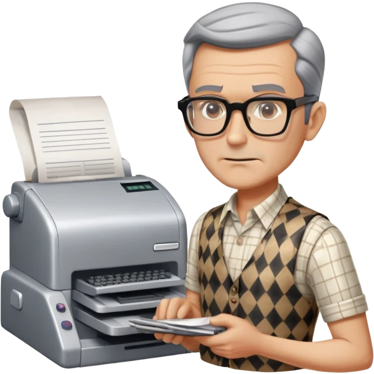 Hair: Salt-and-pepper comb-over with precise part Face: Deep nasolabial folds, thin rectangular glasses Clothes: Checkered vest over short-sleeved dress shirt Action: Slamming vintage fax machine with muttered curses emoji