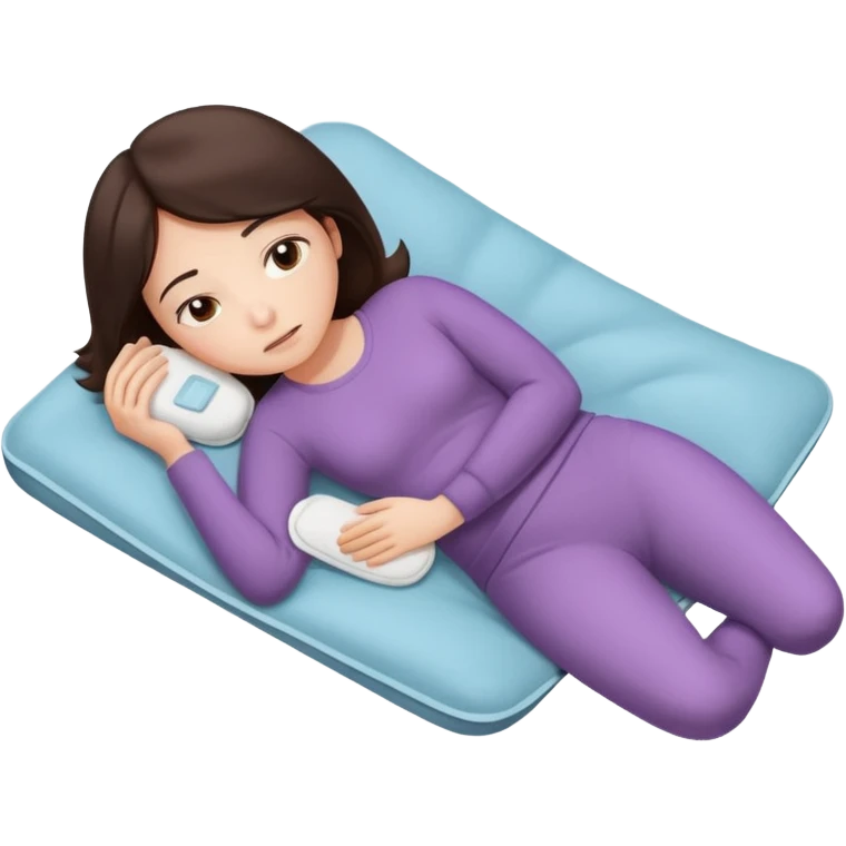  a brunette girl lying down on her side, holding a warm heating pad against her lower belly. She's uncomfortable and sad, her posture should show she’s having menstrual cramps. Use simple lines, rounded shapes, soft colors, and a clean emoji aesthetic. Make it expressive but still adorable emoji
