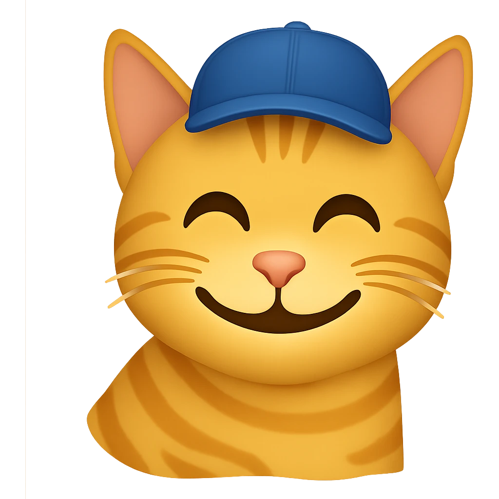 Change the cat's face expression to smiley, keep the blue cap, and set the background to transparent. The style should resemble emoji style with simple and clear features. emoji