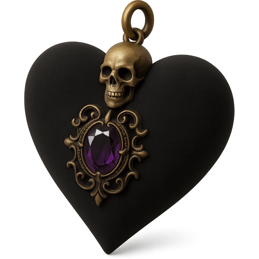 3D black style gothic heart, black velvet texture, silver skull charm, deep purple gemstone, ornate and dark gothic design emoji