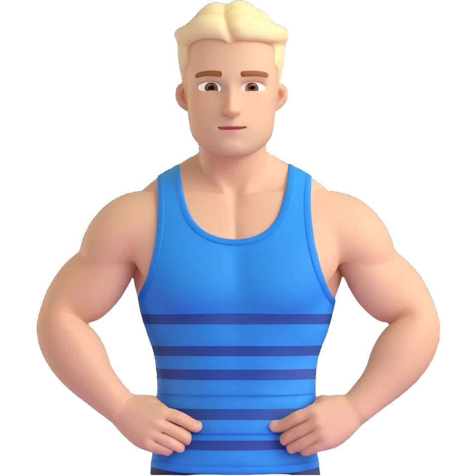 buff white guy in a horizontally striped blue and white tank top, confident pose, plain background emoji