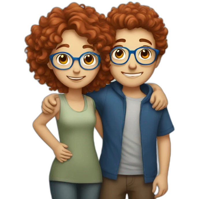 boy-with-brown-hair-hugging a girl with curly red hair and blue glasses emoji