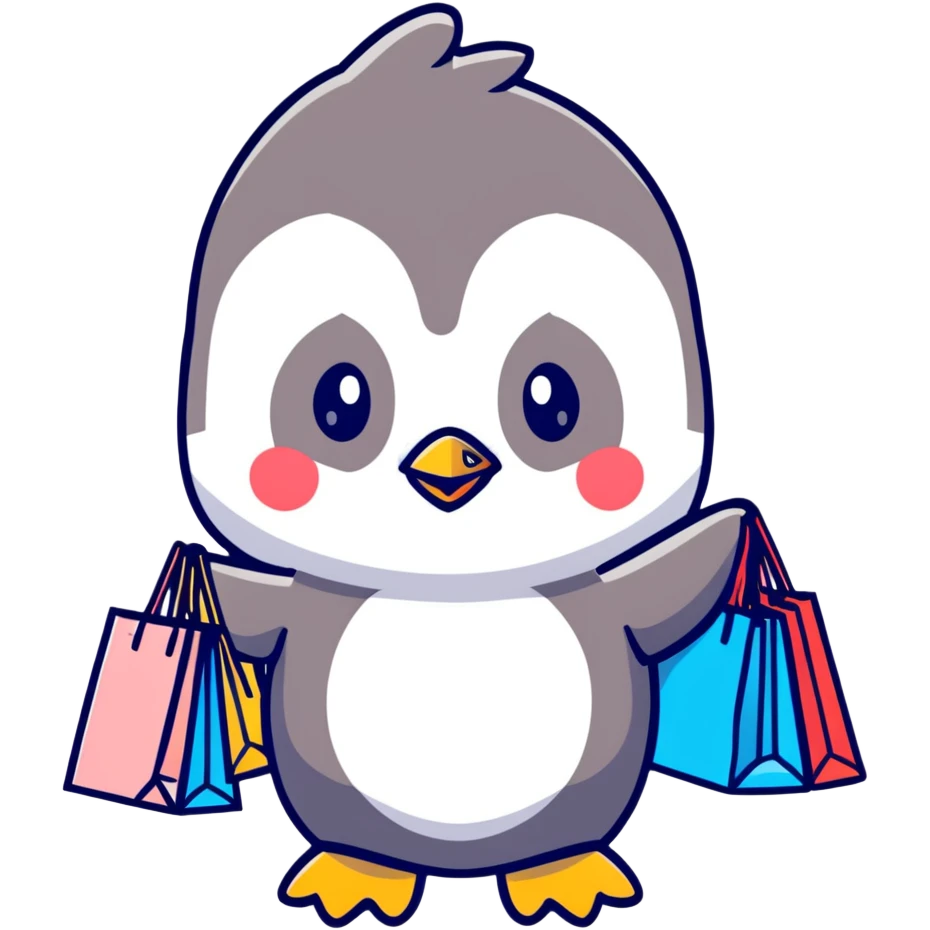 kawaii baby penguin at a shopping mall with shopping bags emoji