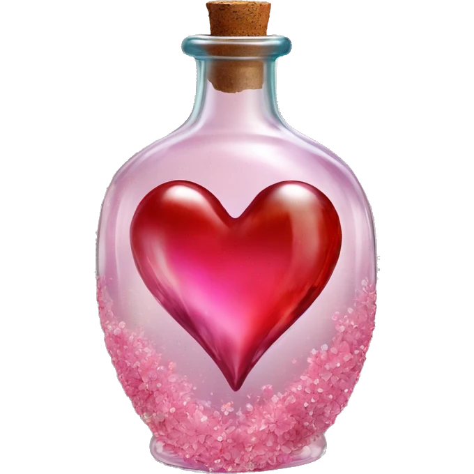Antique oil heart bottle made of crystal glass of all gentle colors of the red and pink, a living flower fairy sits at the bottom of the bottle emoji