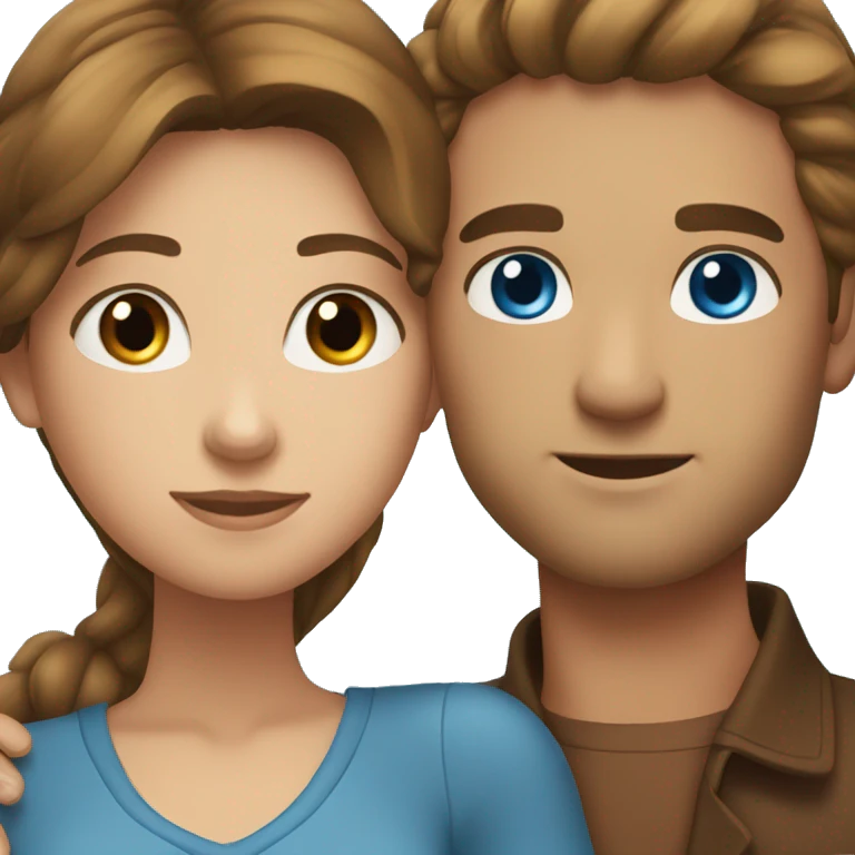 couple hugging each other. The man has short brown hair and blue eyes. The woman has long brown hair and blue eyes emoji