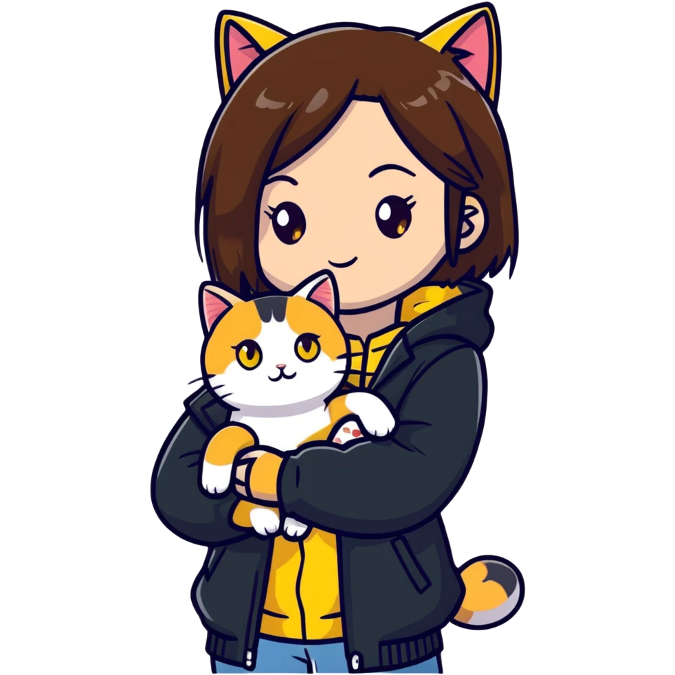 Light-skinned girl with brown straight hair wearing a black jacket, with a white cat with yellow eyes and a calico cat emoji