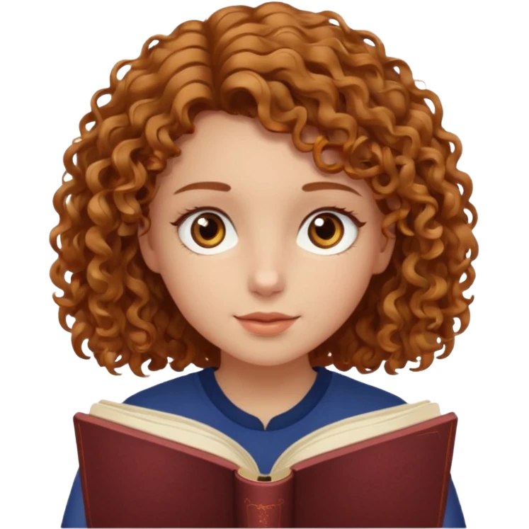 girl with brown light hair curly, ambre eye, reading a book emoji