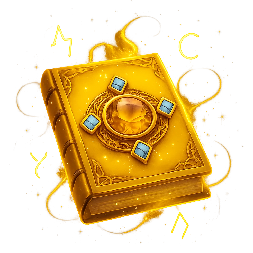 Make the mystic yellow book even more mystical in the style of apple emojis. Add a glowing magical aura, floating runes, swirling sparkles, and mysterious energy around the book. Keep no background. emoji