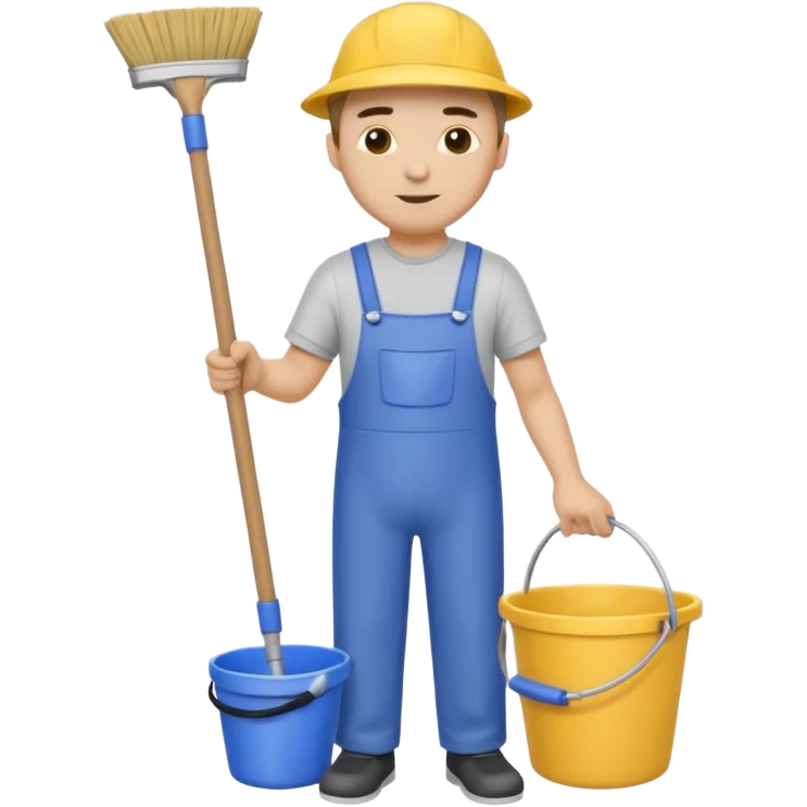 ligth man in cleaning clothes, holding a broom and a bucket emoji