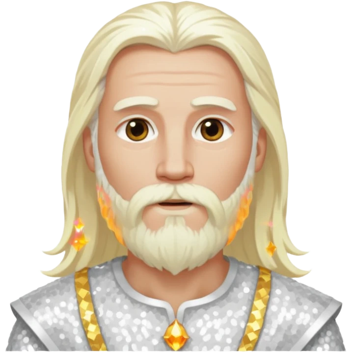 Baldr, God of Light with long white blonde hair and beard, white sequin outfit emoji