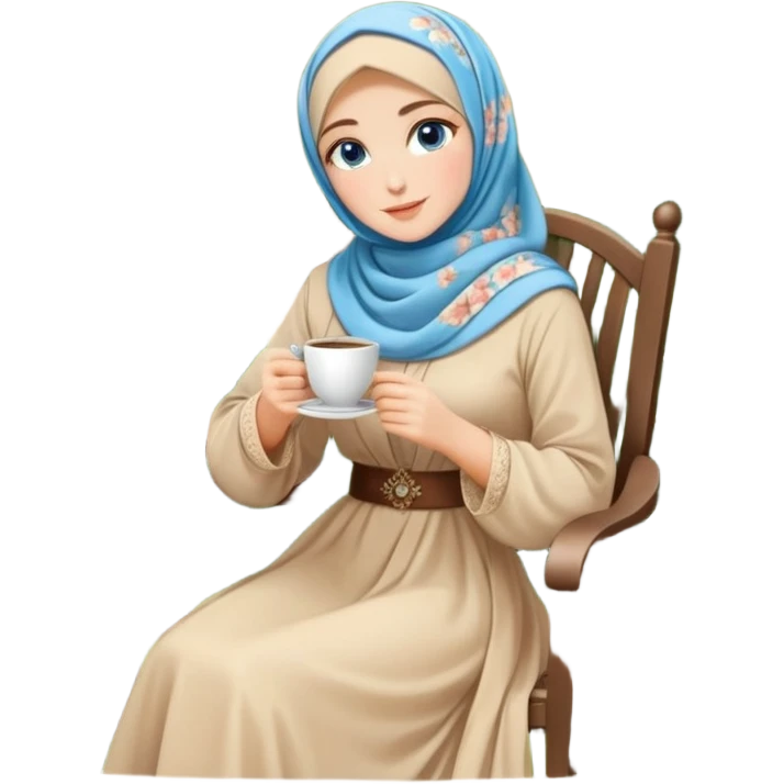 Turkish beautiful finish Konya girls blue eyes with Beautiful beige floral hijab long tail dress and the two friends in a lovely garden sits on the chair on the ground and holds cup coffe with her hand  emoji