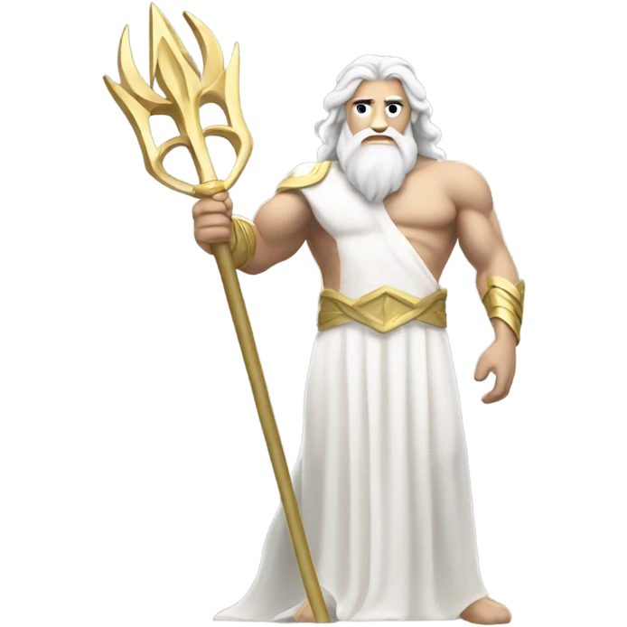 white Poseidon with gold Trident. long white hair white dress. show biceps muscle emoji