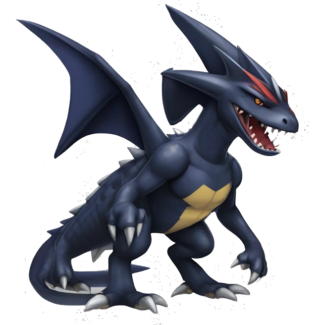 Black, Modern, Cool, Edgy, Badass Punk-style Garchomp-Nargacuga-Sergal Fakémon-Digimon with sharp edgy striking detailed stripe-markings,  full body emoji
