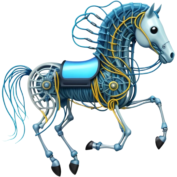 A high-tech horse made of electric wires and cables with rubber scales that reveal its electric skeleton, possessing both jellyfish-like tendrils and the ability to generate electrical pulses that illuminate the ocean depths. emoji