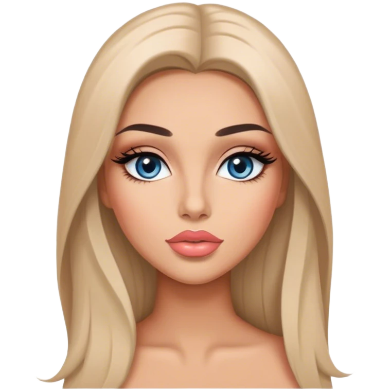 Glamours, tanned, very beautiful girl, with big pump peach-beige-rose lips, long long lashes, black straight smooth silky long hair, straight parting hair, blue-grey eyes emoji