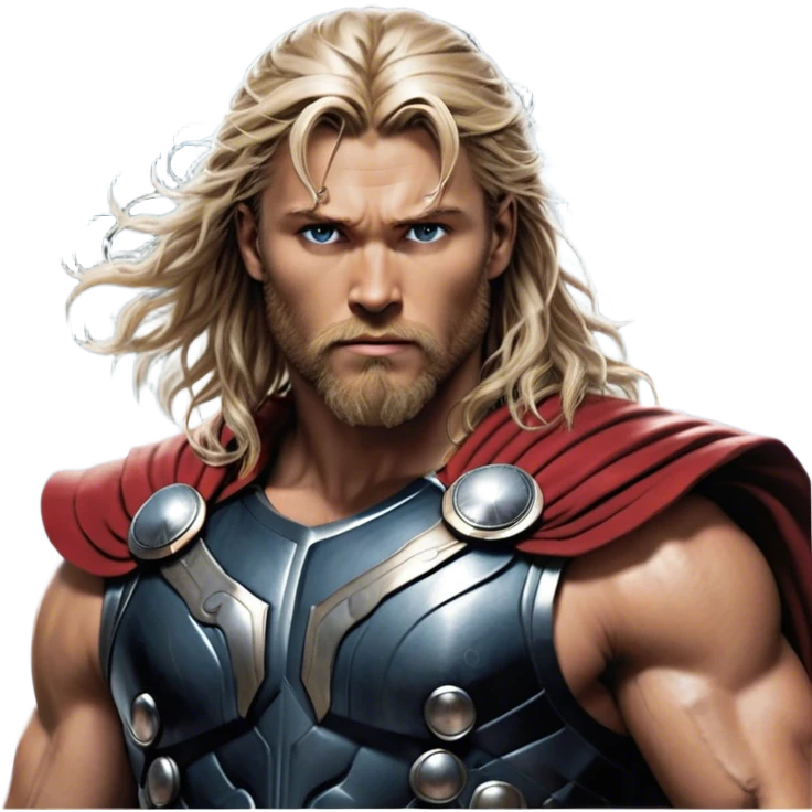 Cinematic Realistic Thor Portrait, depicted with lifelike skin texture and a commanding, muscular build that radiates divine strength. His piercing eyes, framed by rugged, flowing hair and a well-groomed beard, exude both determination and amiable authority. Clad in his signature armor with subtle hints of mystical lightning, the portrait is rendered in dynamic natural lighting with a radiant, heroic glow. emoji